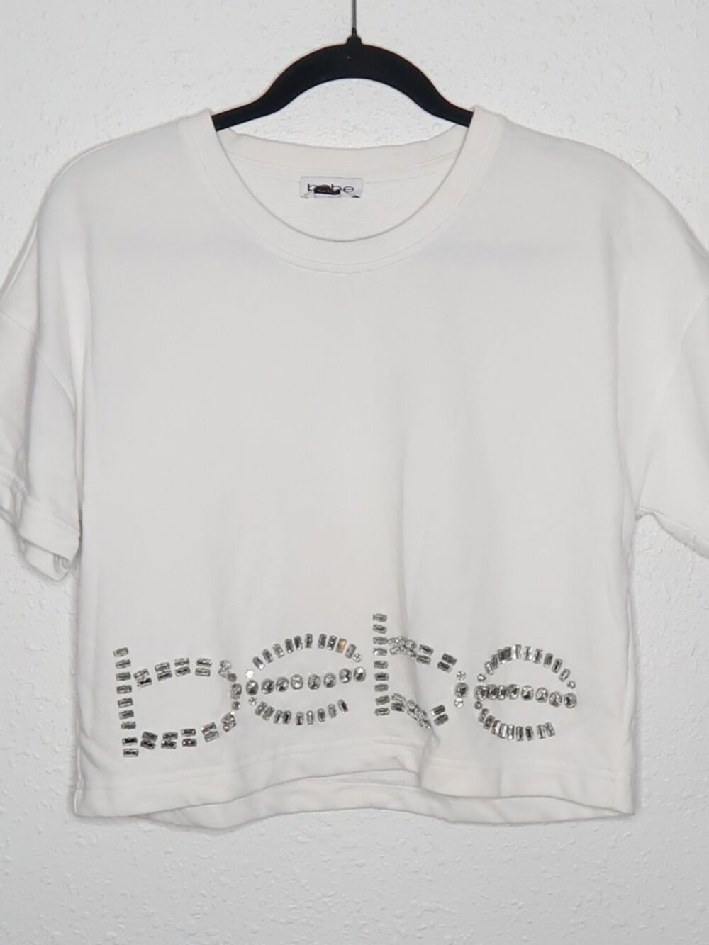 BEBE White Rhinestone Logo Boxy Crop Tee